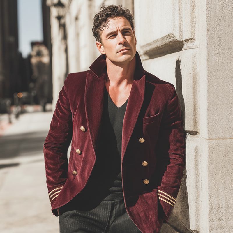 Men's Classic Burgundy Velvet Double-Breasted Notch Lapel Jacket MTA2632I7U