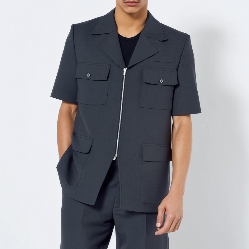 Men's Casual Solid Color Cotton Blend Notch Lapel Zipper Placket Multi-Pocket Short Sleeve Jacket MTA1549G1M