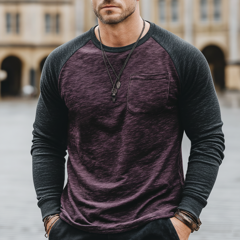 Men's Urban Color-block Crew Neck Cotton Blend Stretch Long-sleeved T-shirt MTZ0612A8U