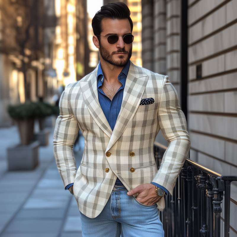 Men's Vintage Elegant Plaid Peaked Lapel Double Breasted Slim Fit Blazer MTA1981G0M