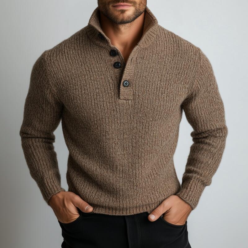 Men's Vintage Solid Color Polo Neck Slim Fit Knit Long Sleeve Pullover Sweater MTA2756H8M