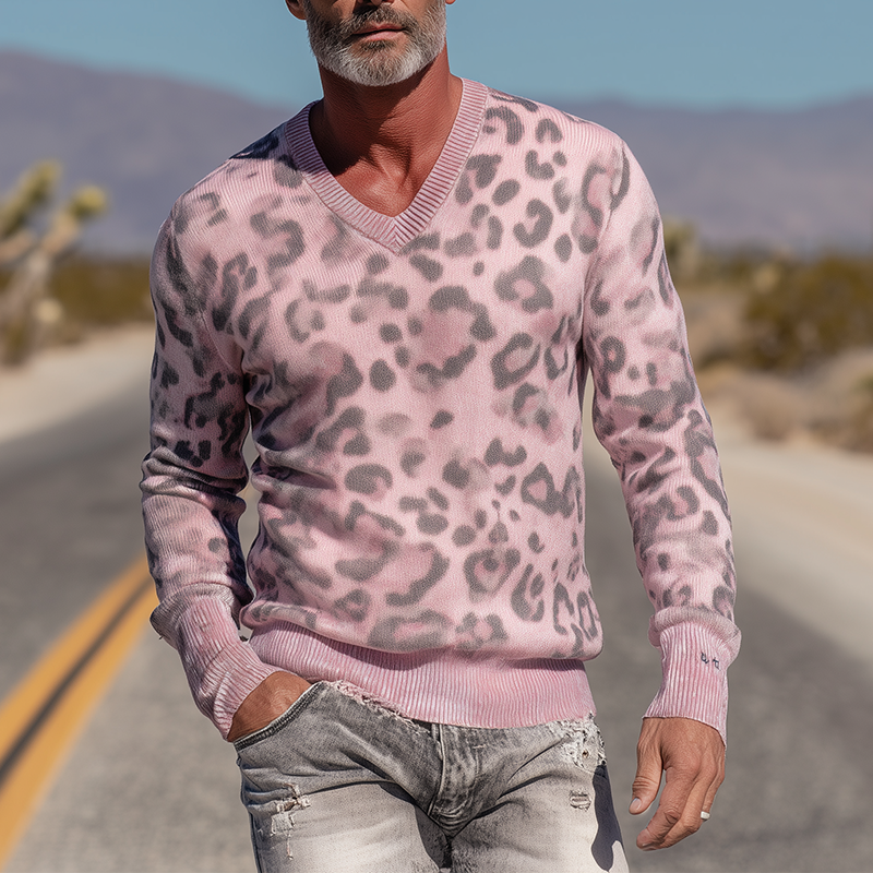 Men's Fashion Knitted Leopard Print V-Neck Sweater MTA1431H1P