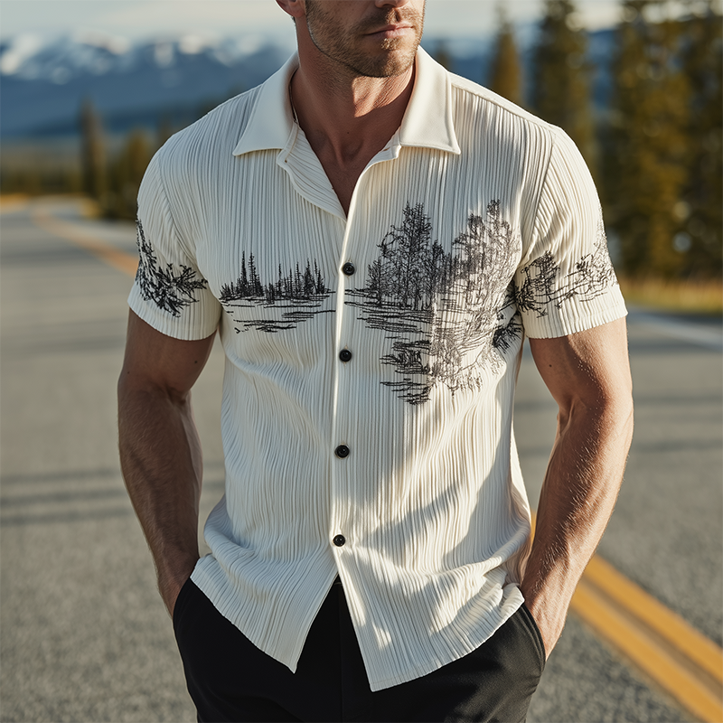 Men's Spring And Summer Classic Casual Ribbed Texture Fabric Embroidery Slim Short-sleeved Shirt MTA1188G6K