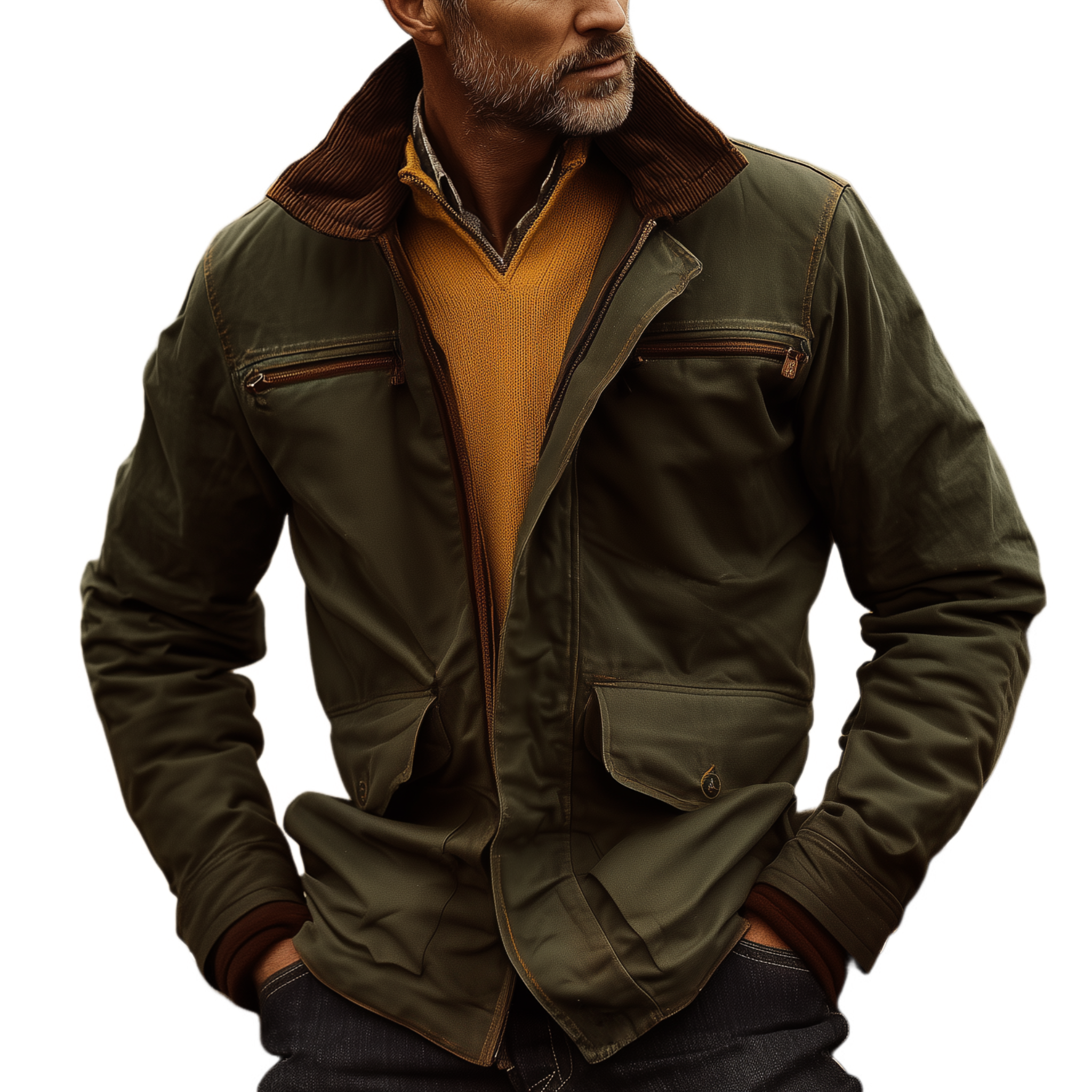 Men's Classic Western Style Corduroy Collar Multi-Pocket Zipper Cotton Blend Jacket MTA0547I5K