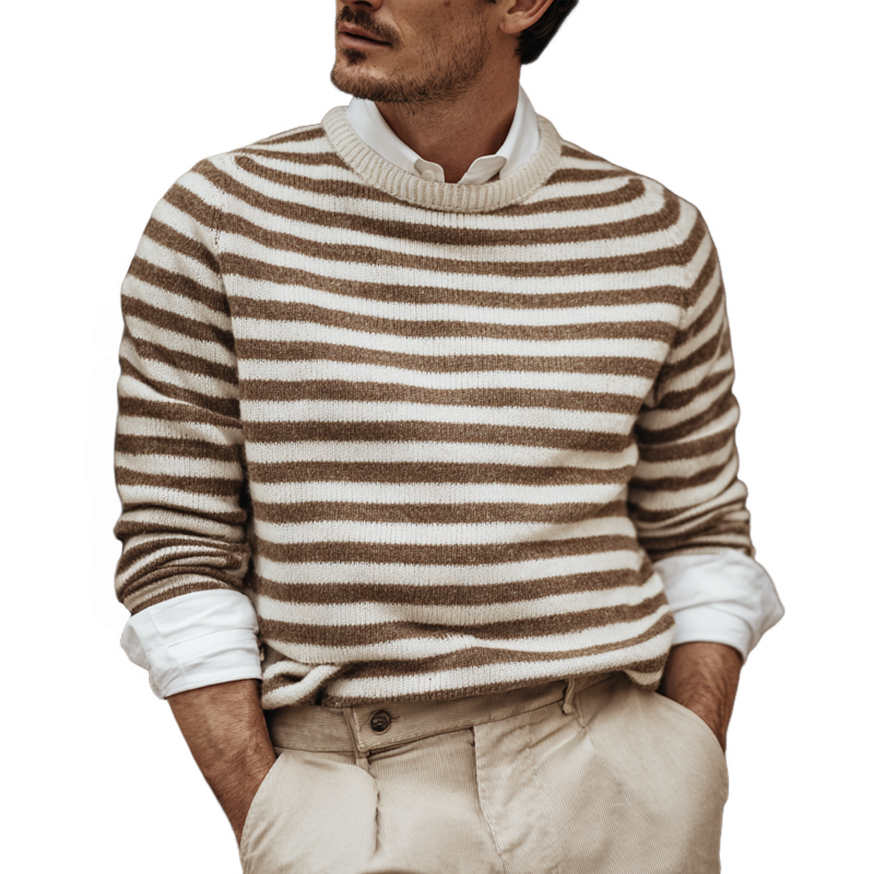 Men's Striped Round Neck Long Sleeve Sweater MTA2026H7Z