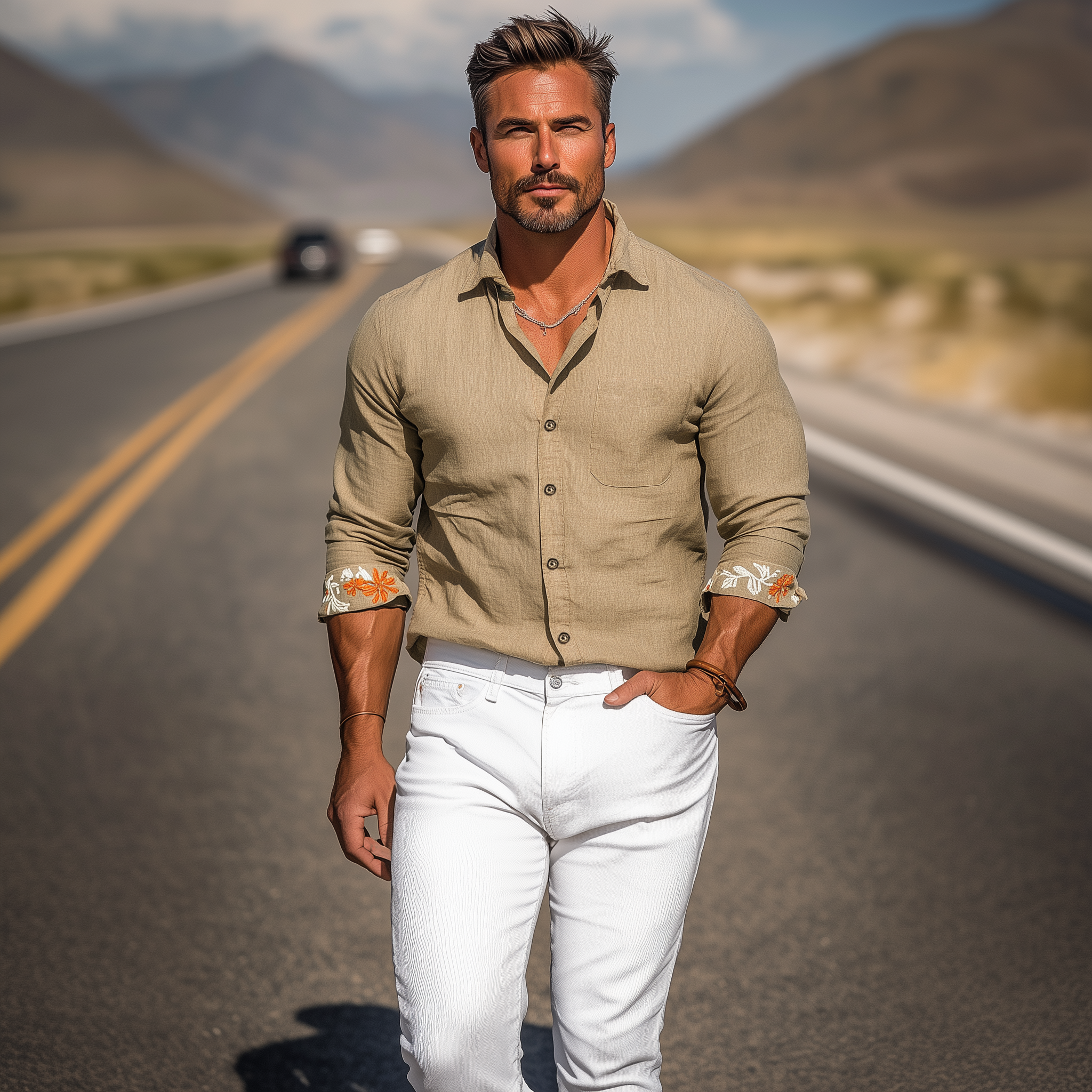 Men's Classic Casual Cotton And Linen Blended Cuff Embroidery Slim Fit Long Sleeve Shirt MTA1907G5K