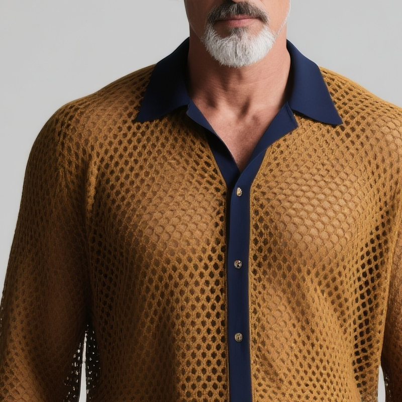 Men's Colorblock Hollow Out Knit Lapel Long Sleeve Shirt MTA2829G7Z