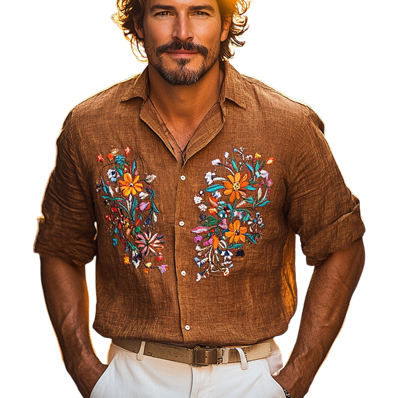 Men's Vintage Cotton and Linen Embroidered Casual Long Sleeve Shirt 90655692U