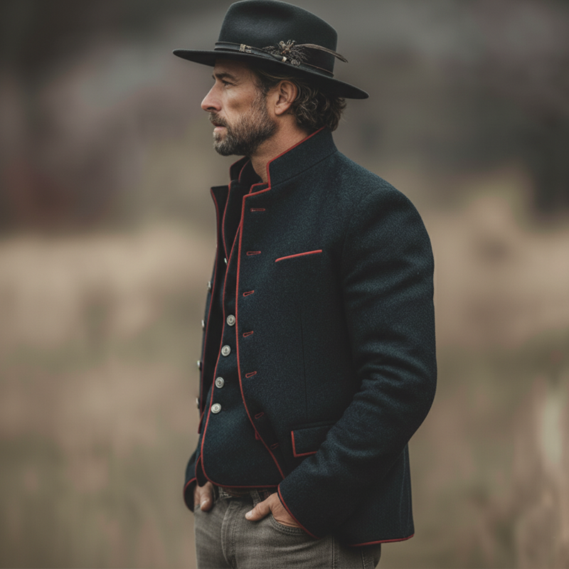 Men's Retro Business Stand Collar Multi-Button Color-Blocked Trim Faux Wool Jacket MTA1803L2U