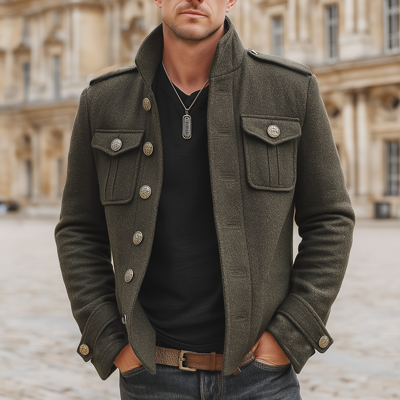 Men's Classic Army Green Stand-up Collar  Faux Woolen Jacket MTA1551K2U