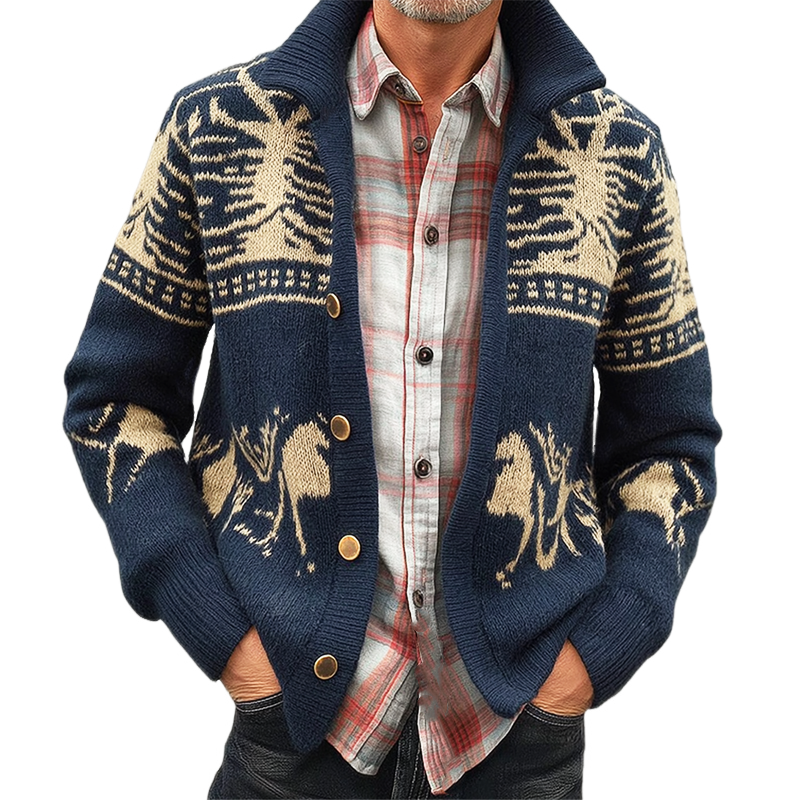 Men's Retro Colorblock Jacquard Knit Button Cardigan MTA0119I2U