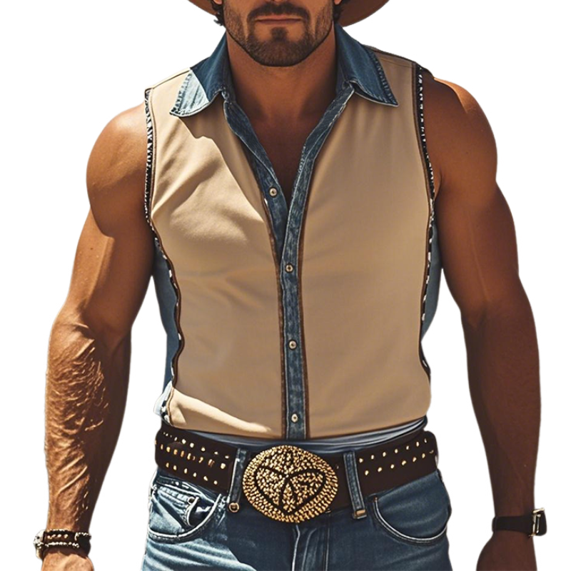 Men's Spring And Summer Fashion Casual Western Cowboy Style Thin Suede Stitching Tencel Denim Slim Sleeveless Shirt MTA1213E9K