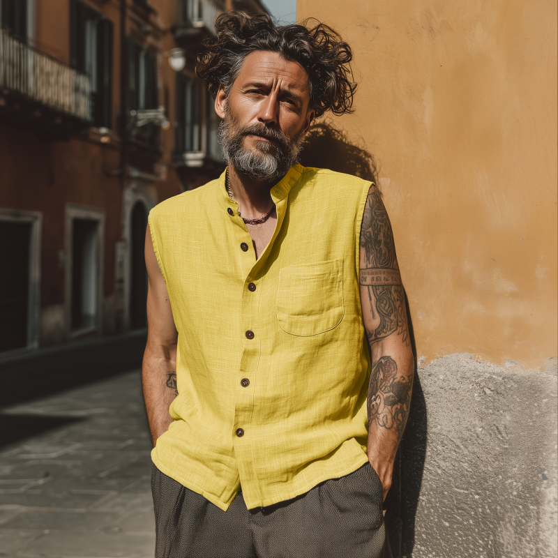Men's Casual Breathable Linen Stand Collar Patch Pocket Loose Sleeveless Shirt MTA0379G1M