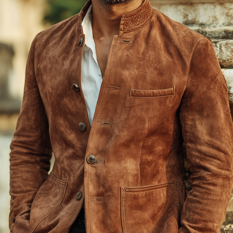 Men's Vintage Faux Suede Stand Collar Single Breasted Jacket MTA2729H3Z