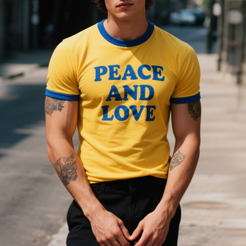 Men's Retro Casual Cotton PEACE AND LOVE Printed Round Neck Short Sleeve T-Shirt MTA2918E9TO
