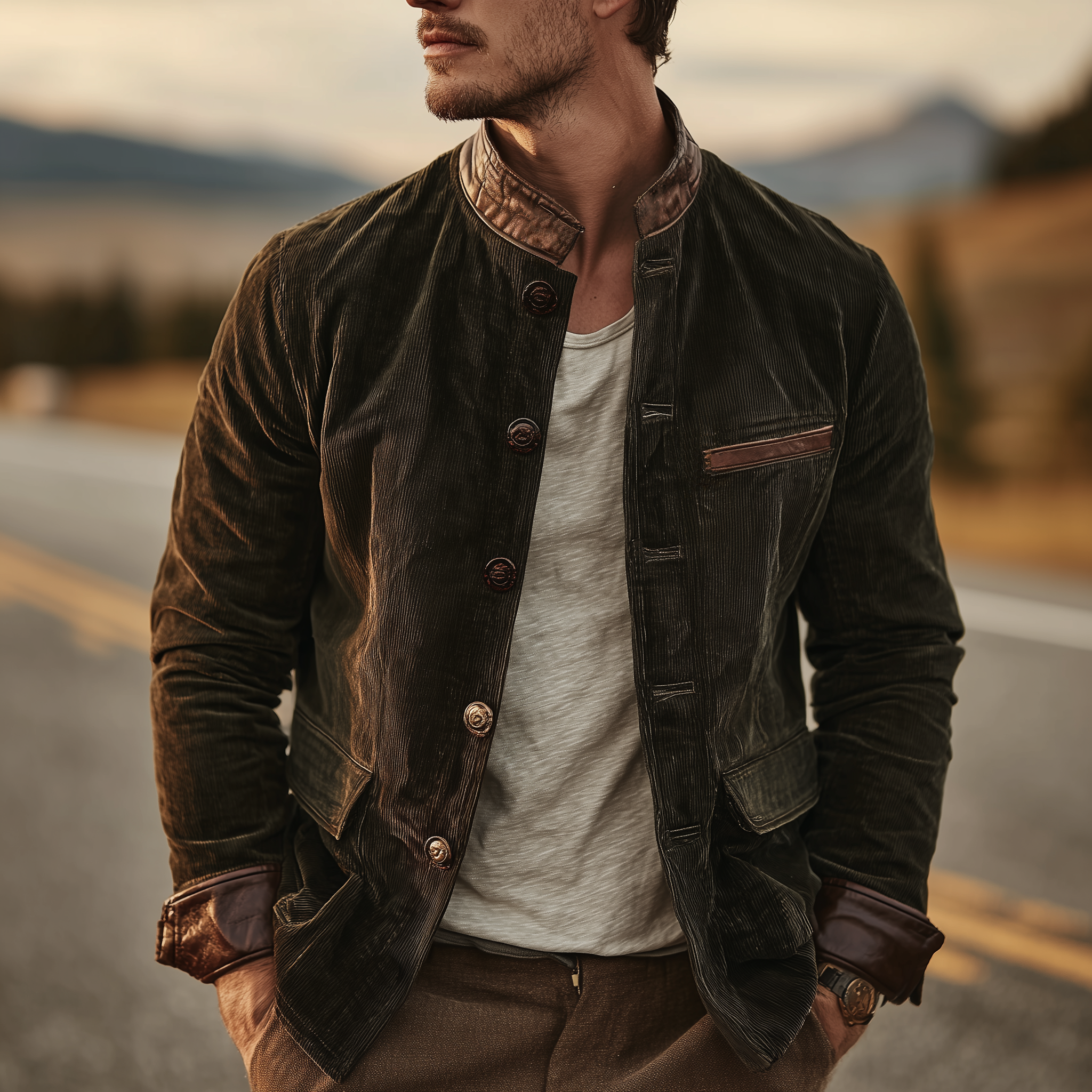 Men's Classic Retro Western Style PU Leather Stand Collar And Cuffs Slim Corduroy Jacket MTA1329I5K