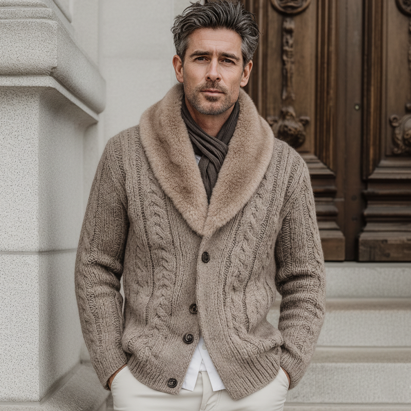 Men's Classic Cable Knit Detachable Mink Fur Collar Cardigan MTA2625K2U