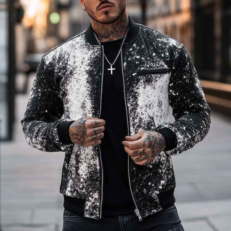 Men's Fashion Graffiti Print Stand Collar Chest Pocket Zipper Baseball Jacket MTA0145H8Z