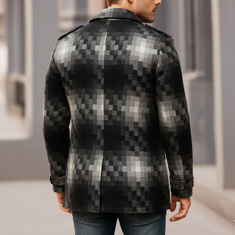 Men's Classic Graphite Check Double-breasted Faux Wool Short Coat MTA0848K8U