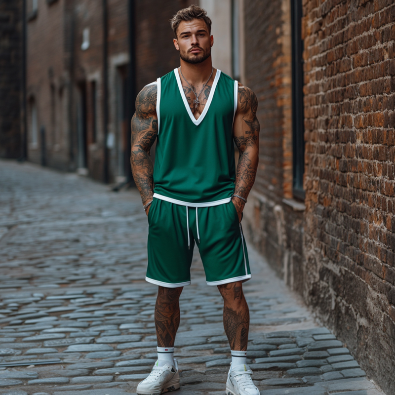 Men's Casual Colorblock Cotton V-Neck Tank Top Elastic Waist Shorts Sports Set MTA2659E1M