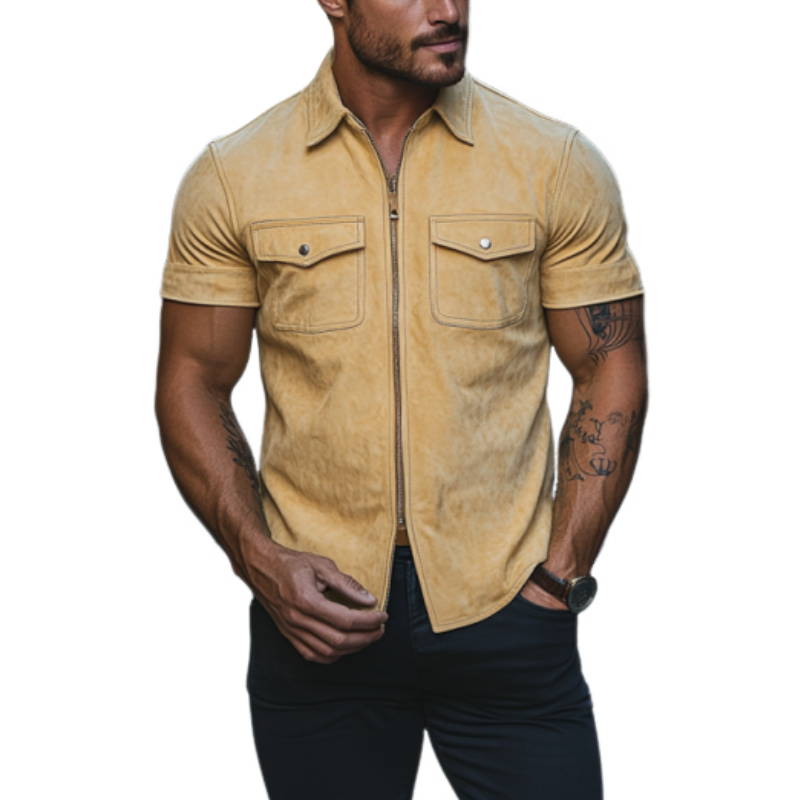 Men's Classic Casual Slim Lapel Multi-Pocket Suede Short Sleeve Shirt 02061318K