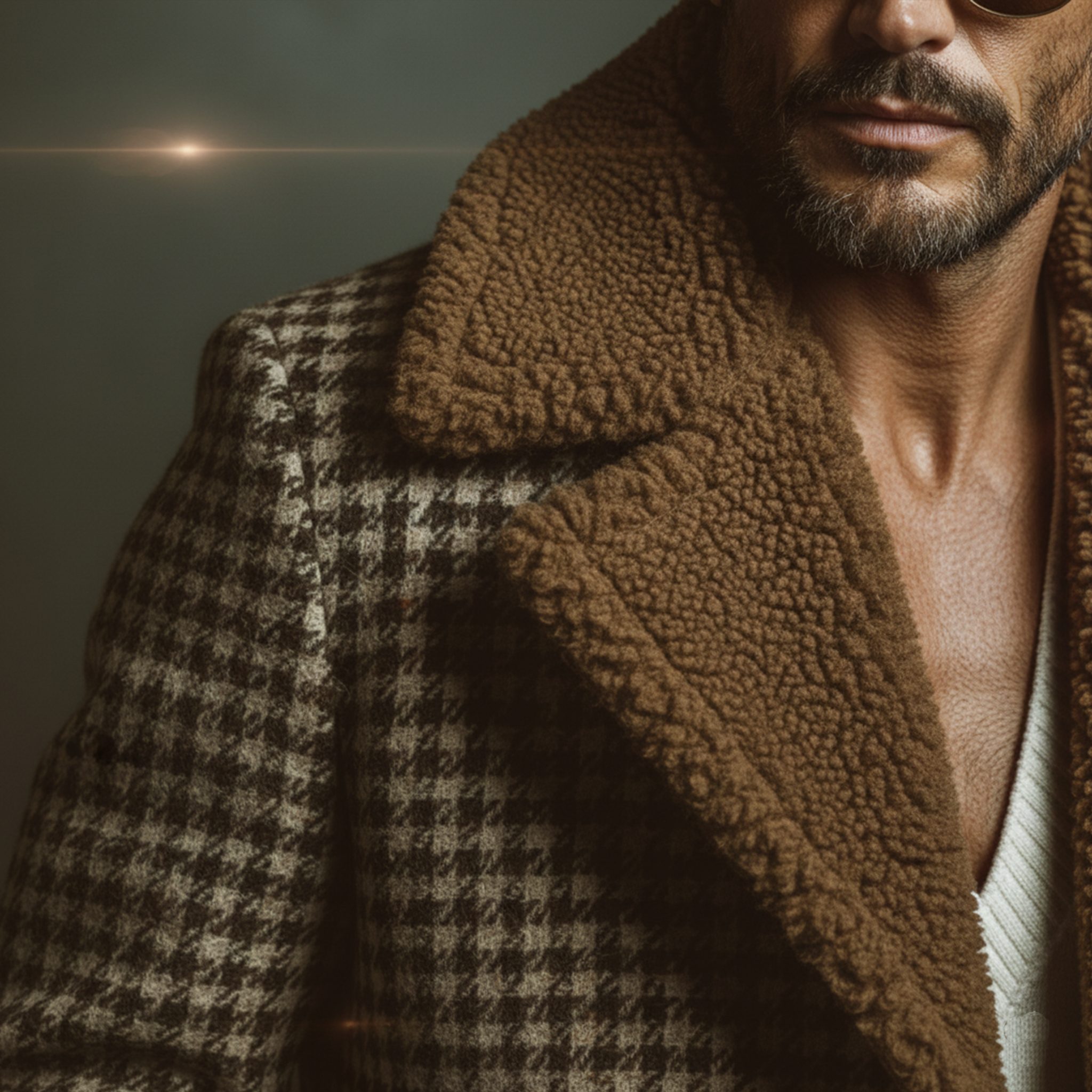 Men's Classic Retro Fleece Lapel Faux Houndstooth Wool Blend Thigh-length Coat MTA3152J1K