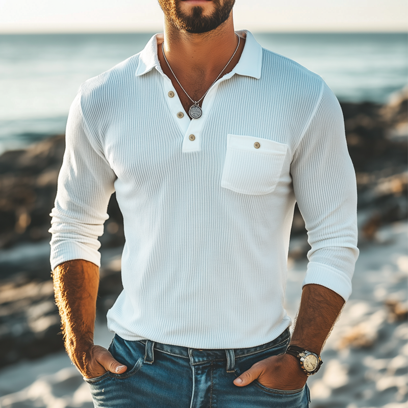 Men's Basic Striped Knitted Long Sleeve POLO Shirt MTA2554G3U