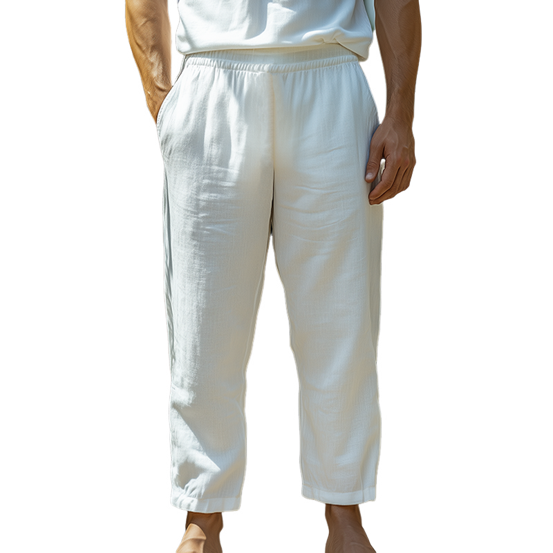 Men's Summer New Classic Casual Elastic Waist Loose Cotton And Linen Pants MTA2714E3K