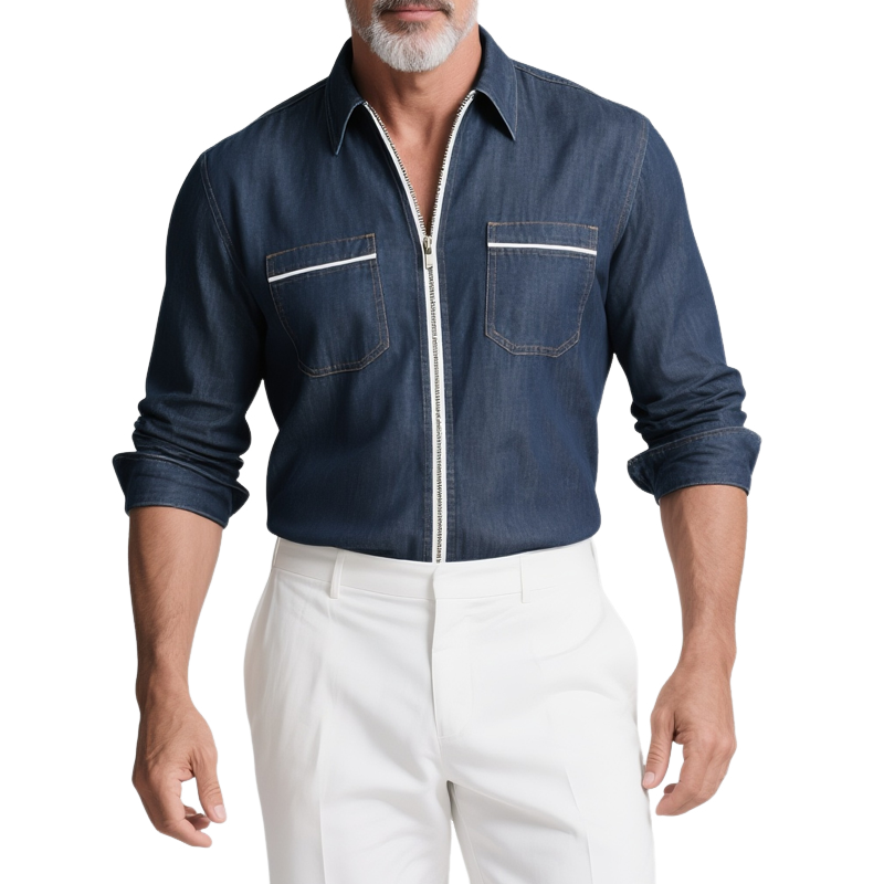 Men's Fashion White Trim Lapel Long Sleeve Denim Shirt MTA2372G2Z