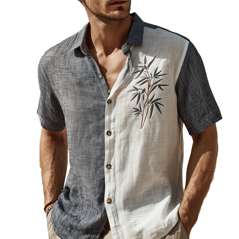 Men's Summer Fashion Leaf Embroidery Slub Linen Short Sleeve Shirt MTA0244G5P