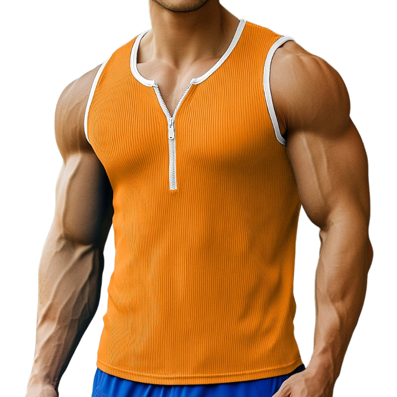 Men's Casual Cotton Blend Contrast Color Ribbed Zipper Neck Slim Fit Tank Top MTA1460E0M