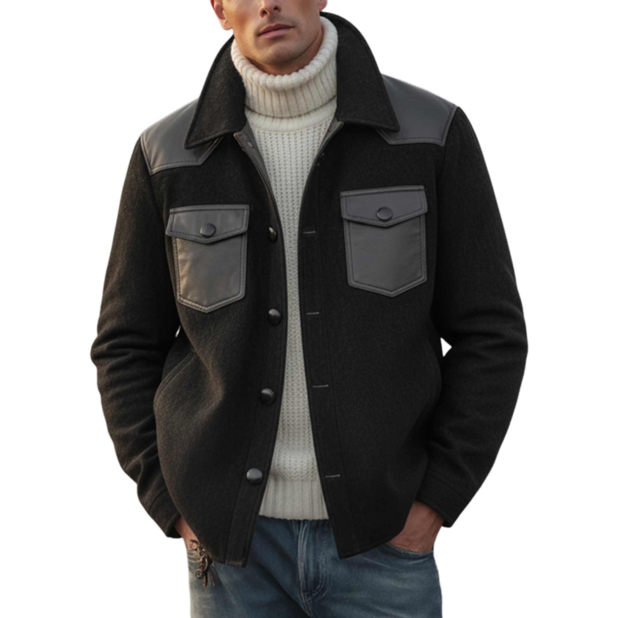 Men's Classic Retro Western PU Leather Splicing Faux Suede Lapel Jacket MTA2313J2K