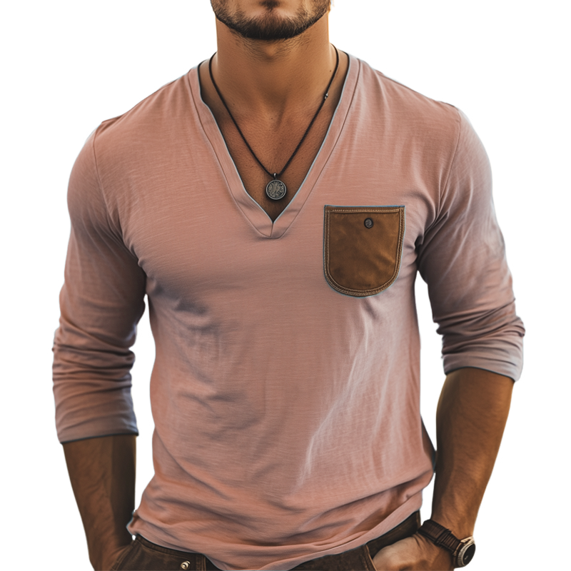 Men's Basic Deep V Neck Cotton Long Sleeve T-Shirt MTA2849G2U