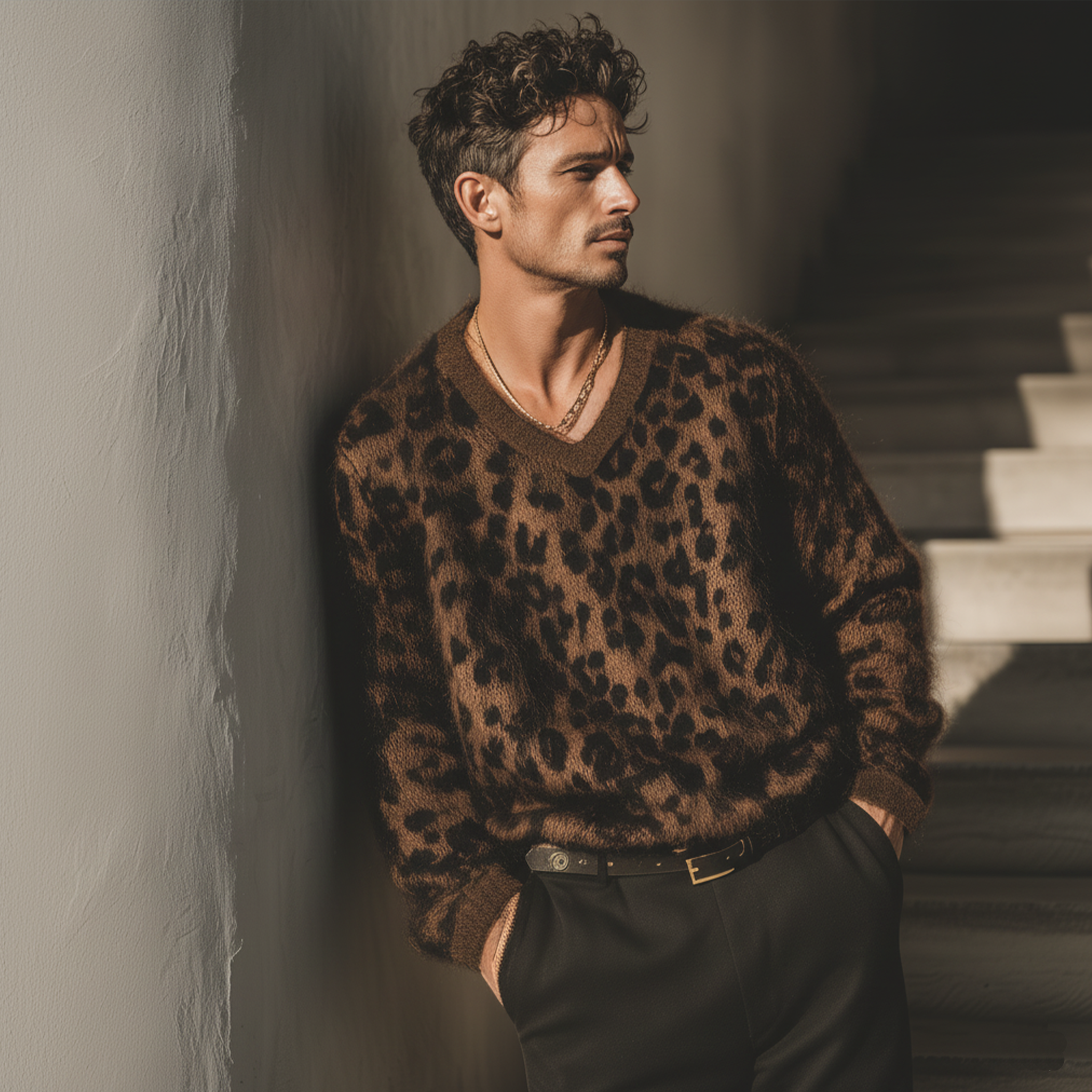 Men's Classic Casual V-neck Leopard Print Loose Sweater MTA1641J1K