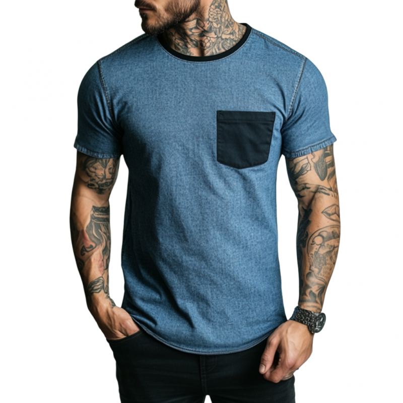 Men's Casual Washed Distressed Round Neck Patch Pocket Slim Fit Contrast Color Denim Short-sleeved T-shirt MTA1538E7M