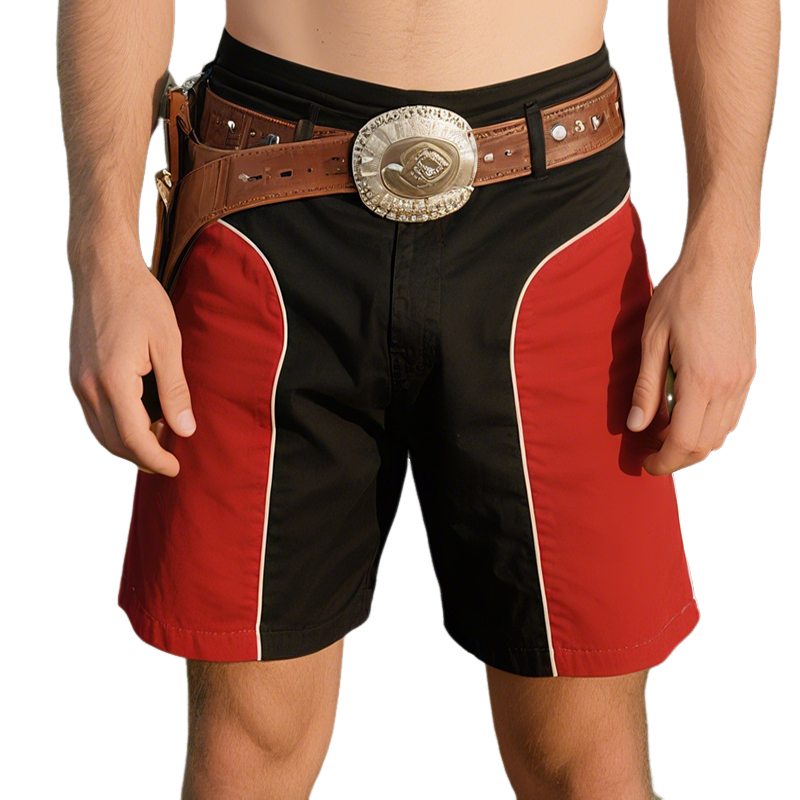 Men'S Retro Casual Western Cowboy Style Colorblock Cotton Shorts MTA1014E8TO