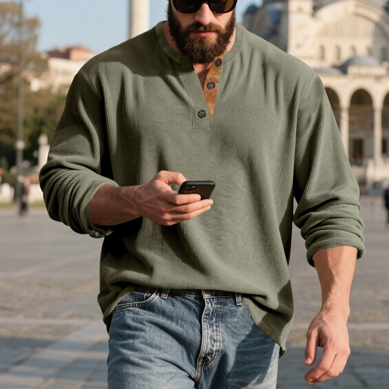 Men's Corduroy Henley Long Sleeve Sweatshirt MTA2915H1X