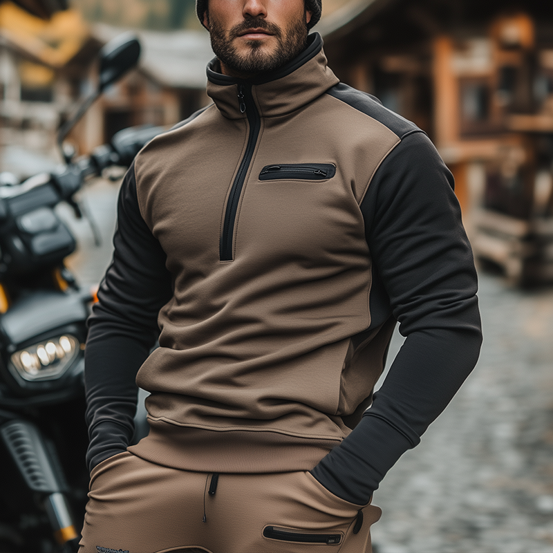 Men's Retro Cotton Blend Color Block Patchwork Half-Zip High Neck Sweatshirt MTA2965J1P