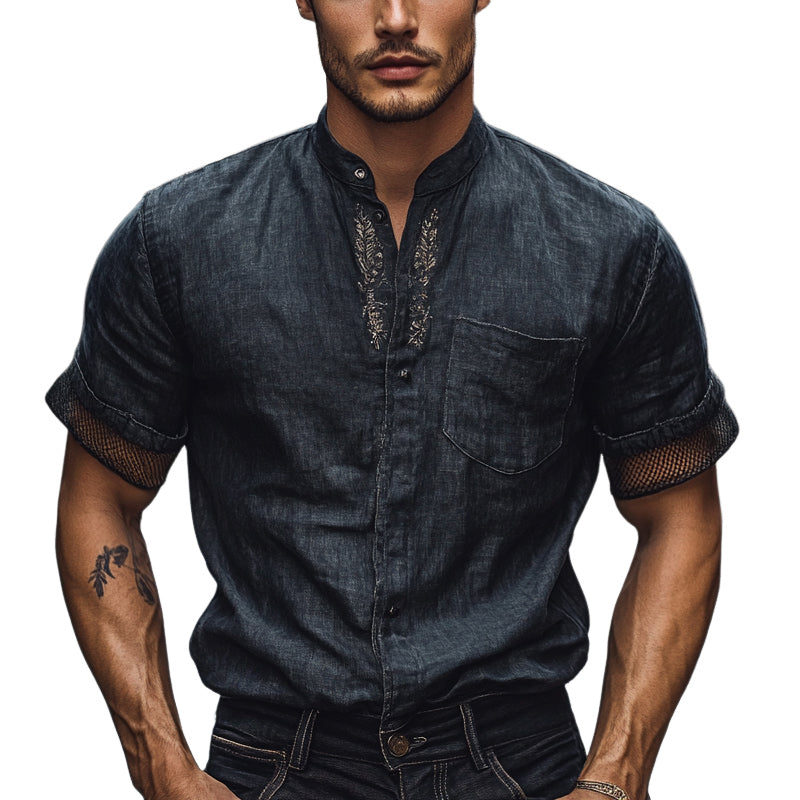 Men's Solid Color Embroidered Stand Collar Short Sleeve Shirt MTA2747E8X