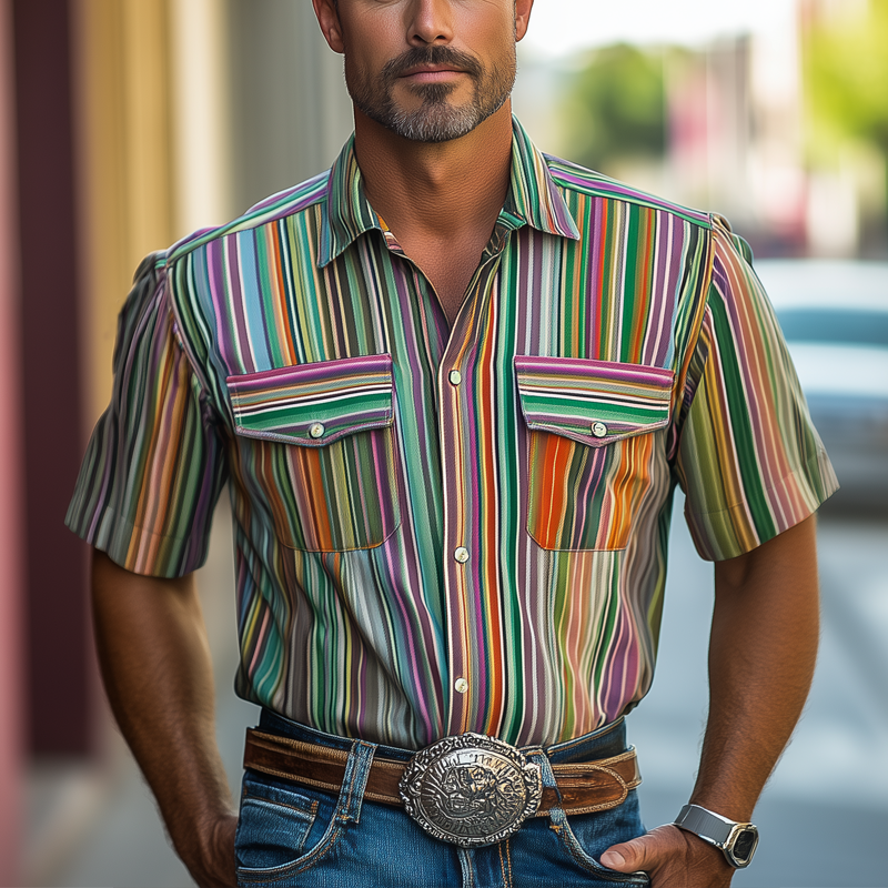 Men's Summer Casual Colorful Striped Printed Short Sleeve Shirt MTA0582F1U