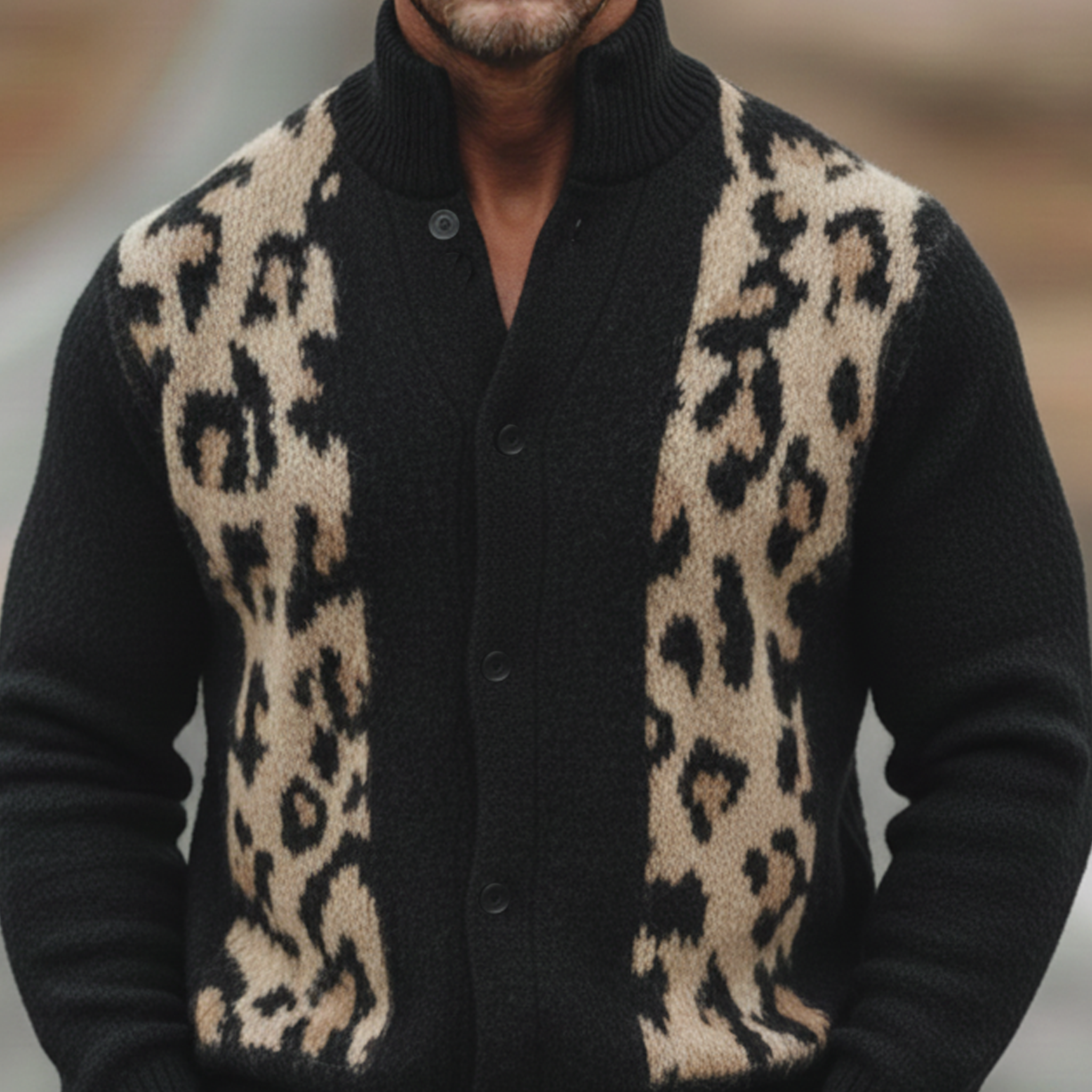 Men's Classic Vintage Stand-collar Leopard Print Knitted Cardigan MTA1186L8K