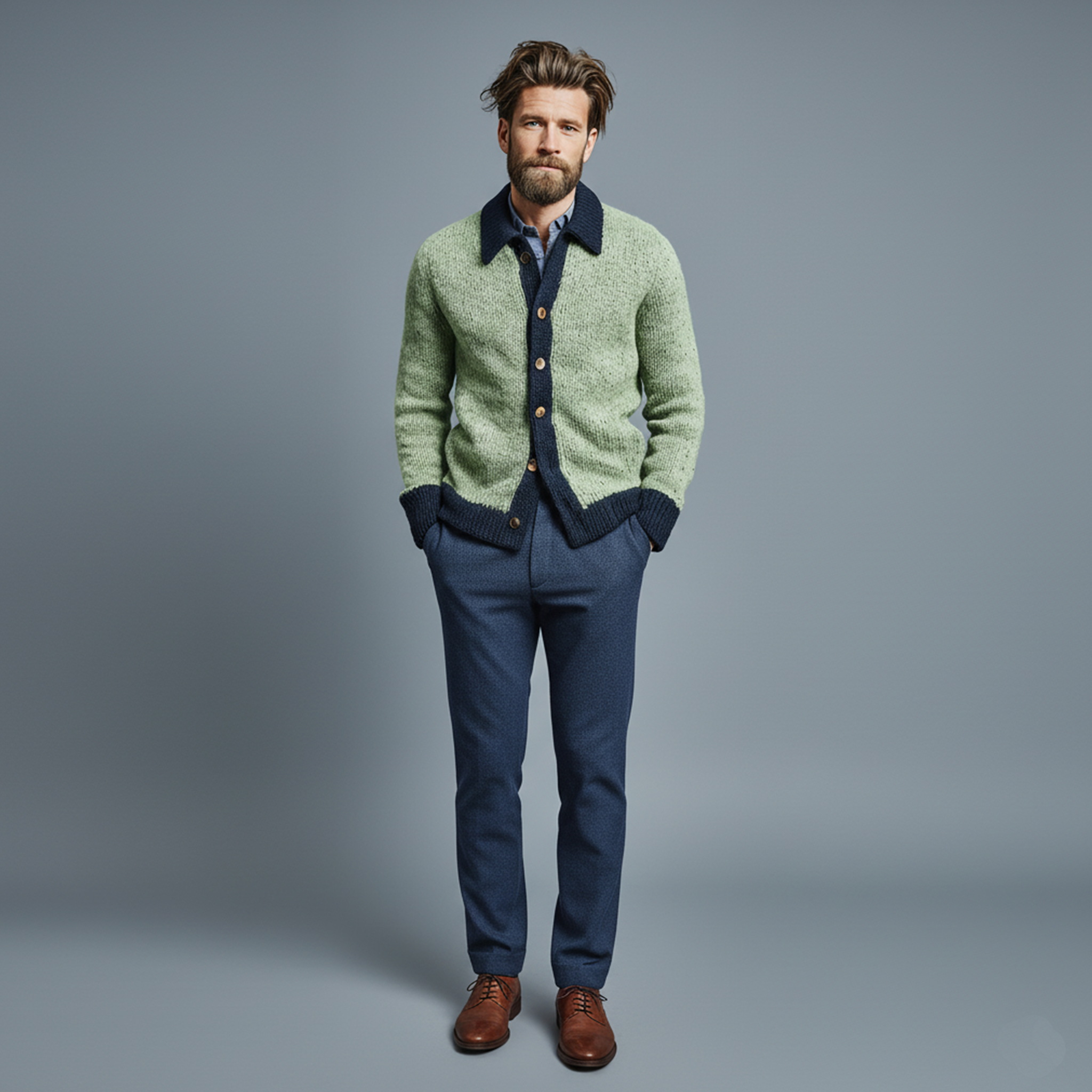 Men's Classic Casual Lapel Green And Navy Blue Knitted Cardigan MTA2669I3K