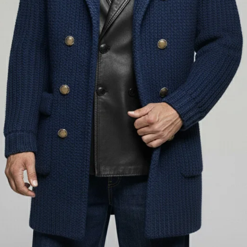 Men's Classic Casual Lapel Double-breasted Long-leg To Thigh Knit Cardigan MTA1943I2K