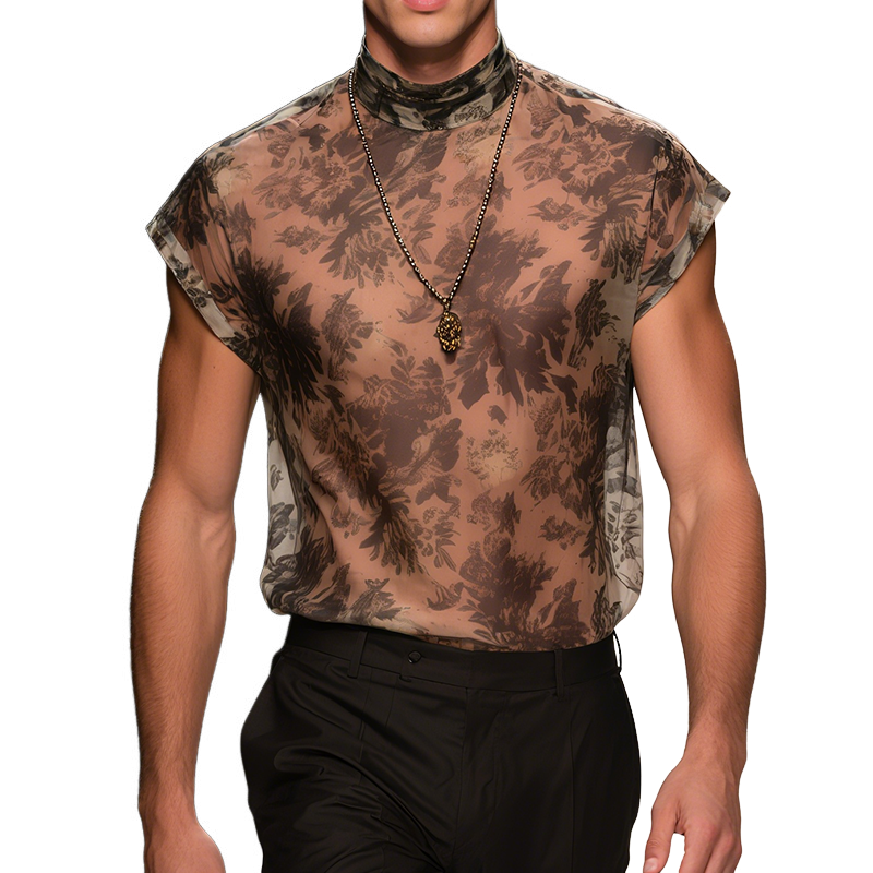 Men's Retro Mesh Printed Pullover Elastic Round Neck Sleeveless T-Shirt MTA2587F5TO