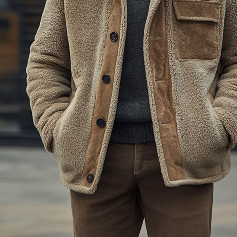Men's Polar Fleece Panel Lapel Single-breasted Jacket MTA0908I3X