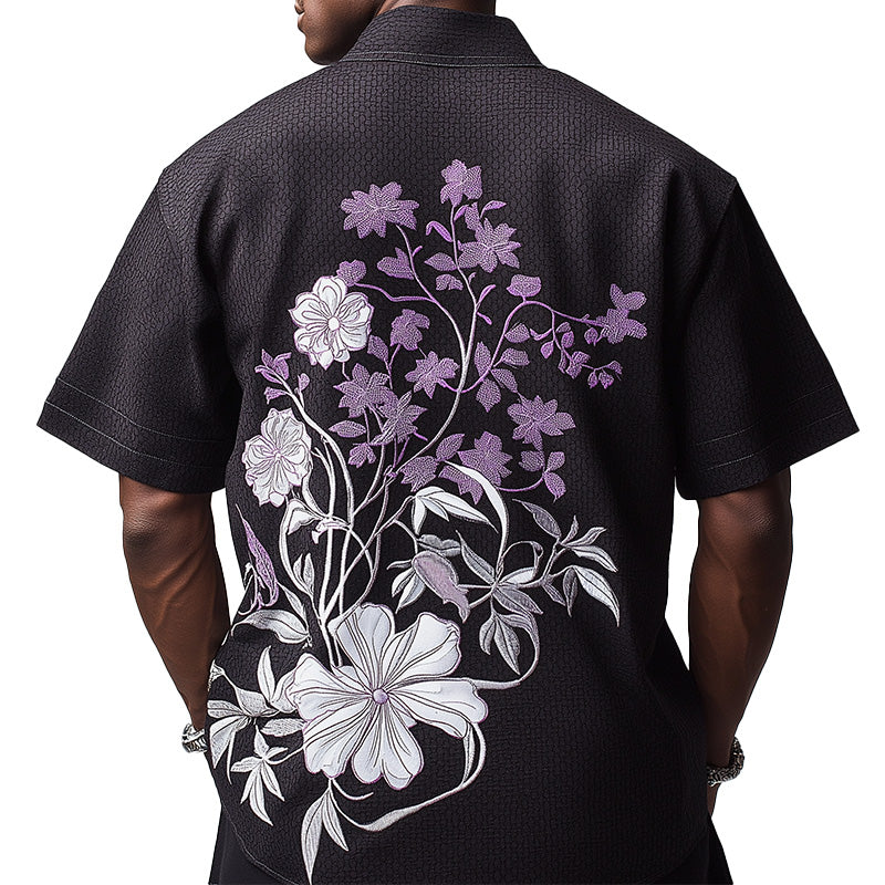 Herreskjorte med korte ermer og blomsterbroderi, sommermote, MTA2041E4P