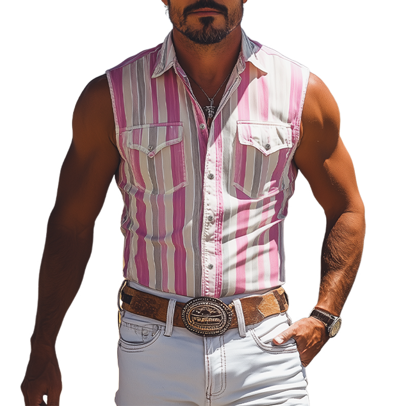 Men's Summer Casual Retro Western Cowboy Striped Cotton Blended Sleeveless Shirt MTA2869D6K