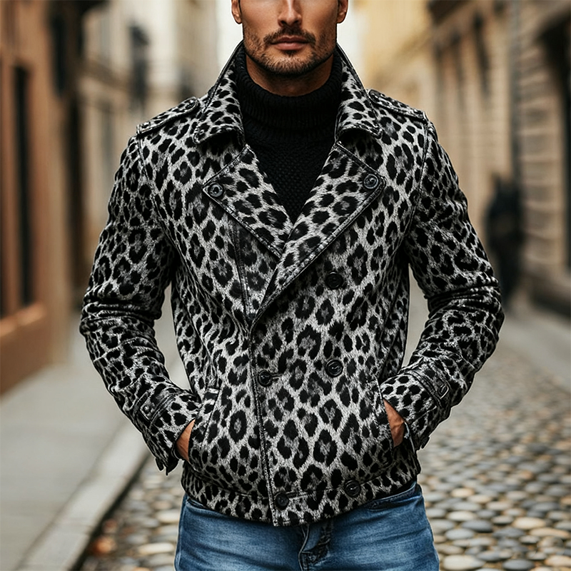 Men's Vintage Leopard Print Double Breasted Biker Jacket MTA1644J9X