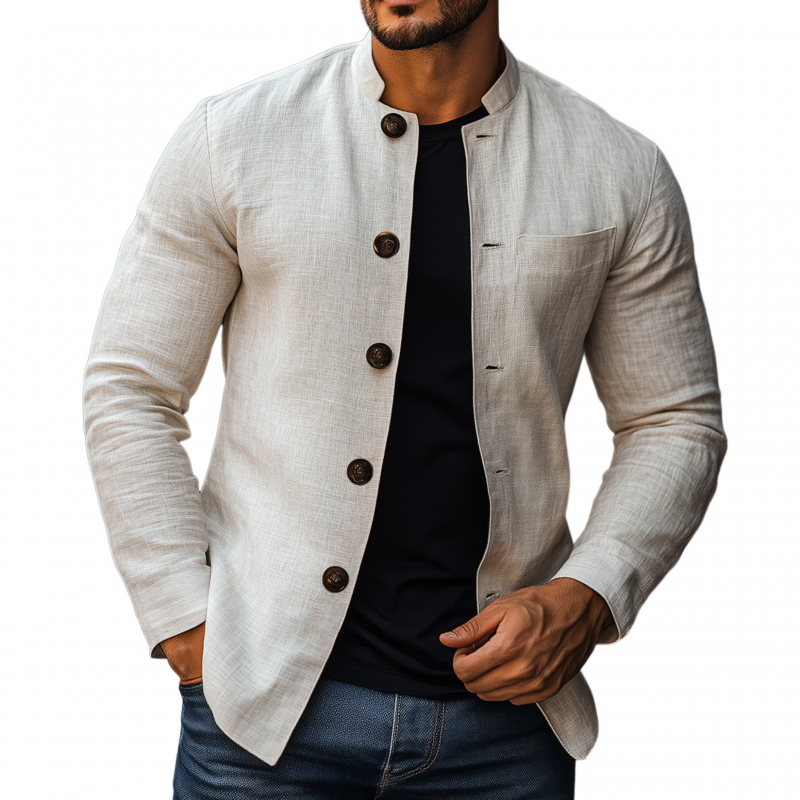 Men's Casual Solid Color Breathable Linen Stand Collar Slim Fit Long Sleeve Shirt Jacket MTA1790G6M