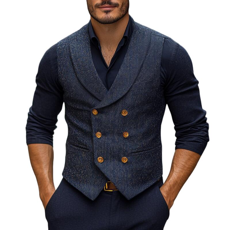 Men's Vintage Wool Blend Herringbone Shawl Collar Double-Breasted Slim-Fit Suit Vest MTA2754H1M